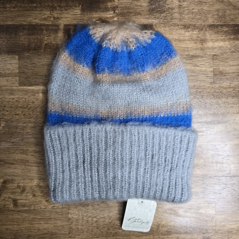 Free People Hat Womens One Size Gray Blue Prep Stripe Knit Beanie Winter NWT